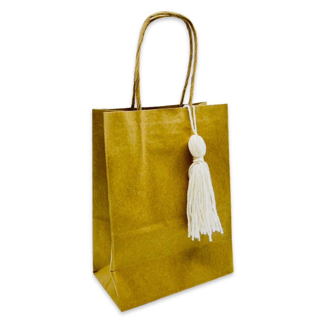 Recycled brown paper bag with twist handles & tassle