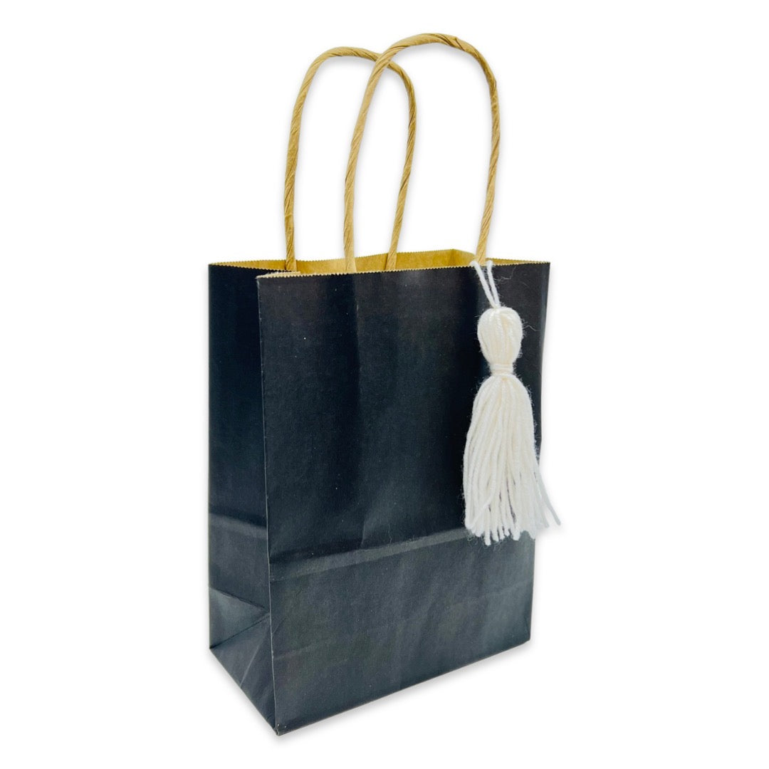 Recycled black paper bag with twist handles & tassle